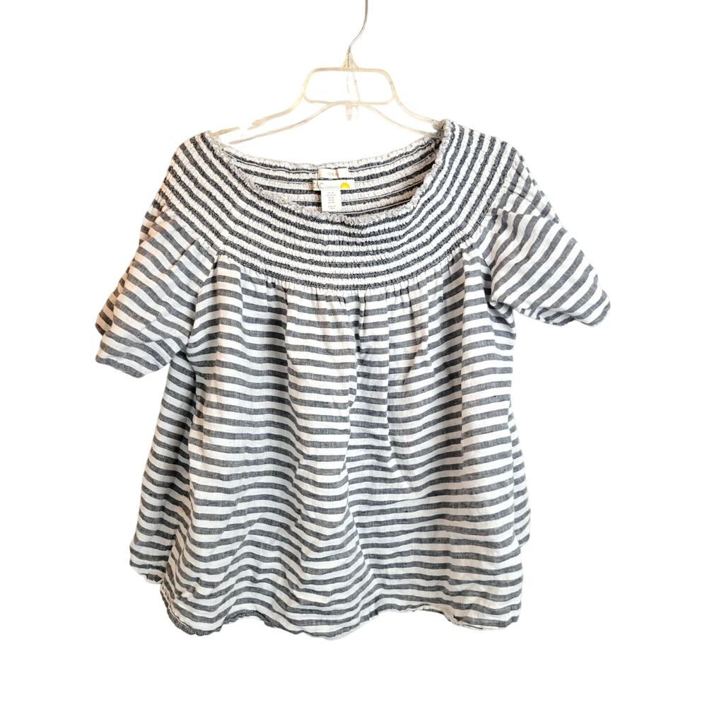 C&C Gray White Striped 100% Linen Smocked Off the Shoulder Top Women's Size XL